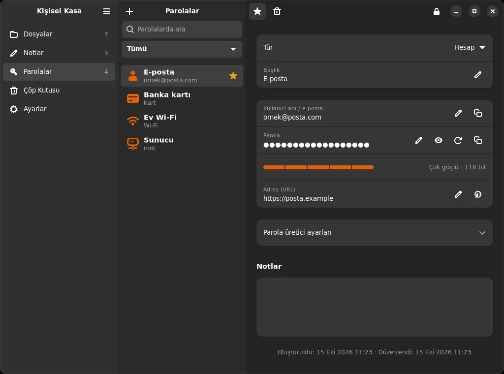 Mahzen'in Linux'taki parolalar ekranı